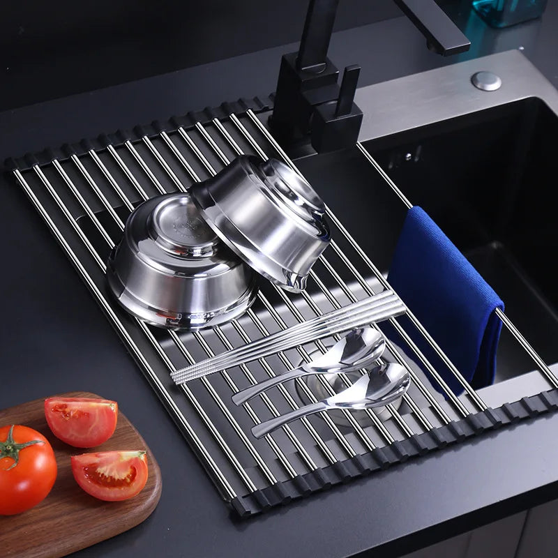 Kitchen Sink Stainless Steel Draining Rack Can Be Folded Fruit and Vegetable Dishes Filter Shelf Roll Storage Draining Rack
